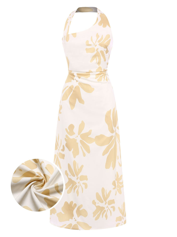 She slips into this Yellow 1930s Asymmetric Neckline Floral Dress and suddenly it&