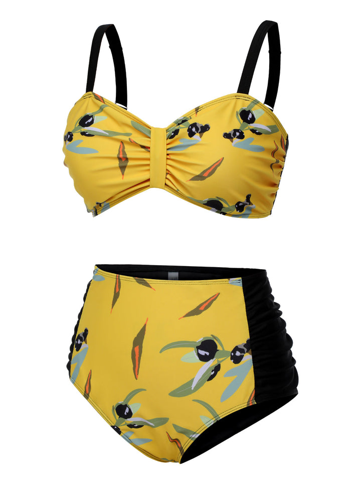 This Yellow Contrast Floral Strap Swimsuit carries vacation dreams in every stitch