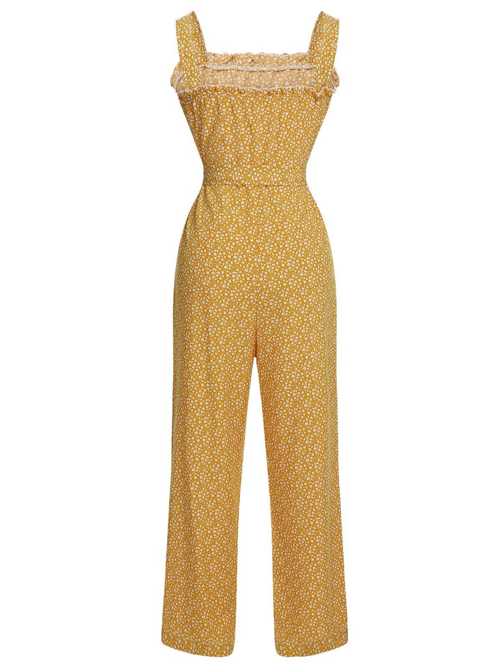 Yellow 1930s Floral Ruffles Tie Jumpsuit — vintage elegance for the modern woman