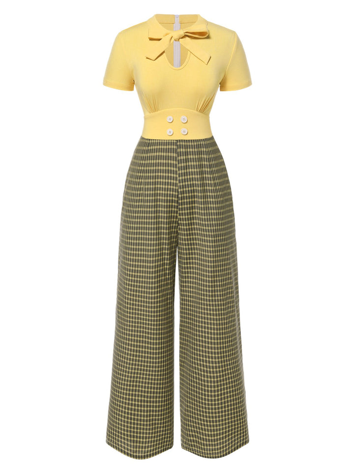 This Yellow 1930s Plaid Keyhole Tie Neck Jumpsuit whispers 1930s secrets to those who notice