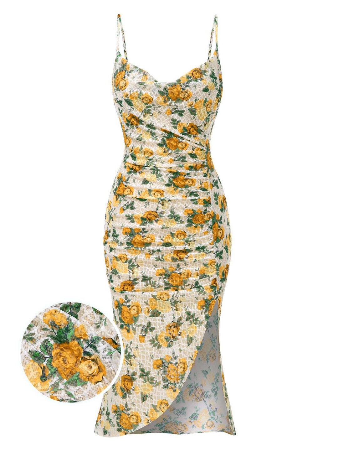 She slips into this Yellow 1930s Roses Cowl Neck Fishtail Ruched Dress and suddenly it&