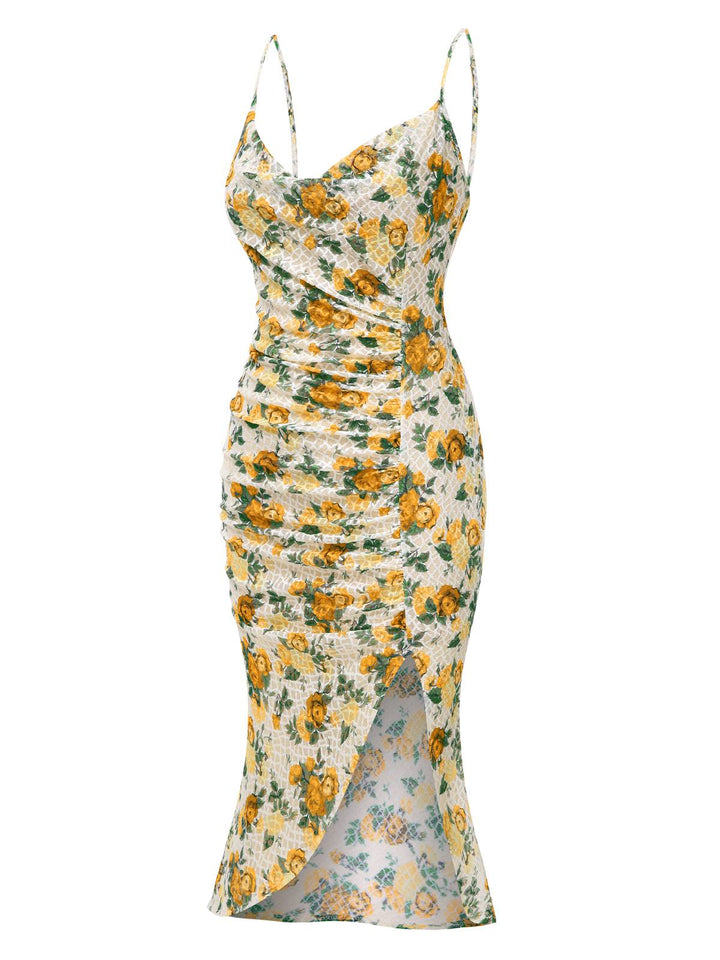 Yellow 1930s Roses Cowl Neck Fishtail Ruched Dress, vintage dress, retro fashion - perfect for women who love vintage and retro fashion