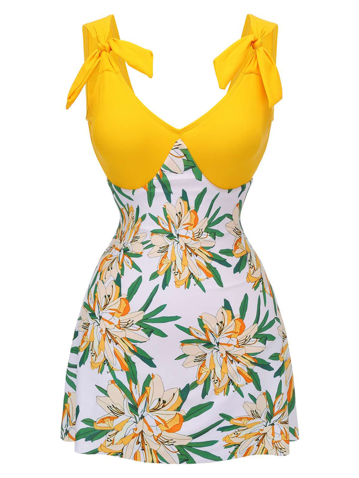 Yellow 1940s Floral Patchwork One-Piece Swimsuit — vintage elegance for the modern woman