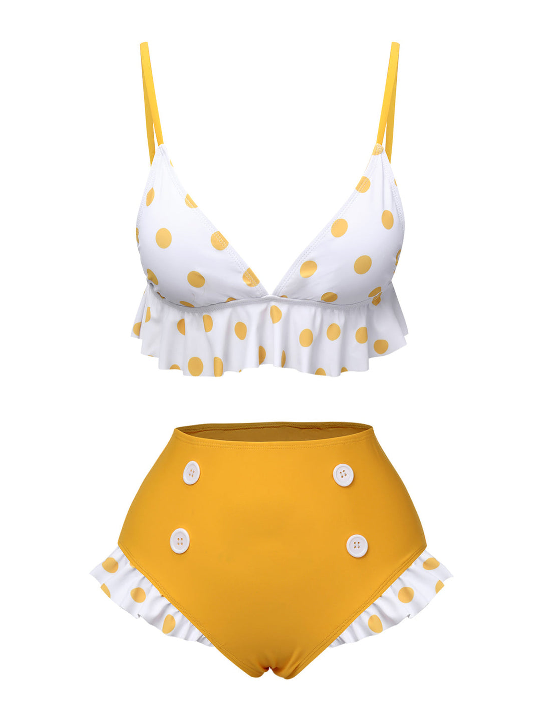 Yellow 1940s Polka Dot Ruffle Swimsuit, vintage swimsuit, pin-up swimwear - perfect for women who love vintage and retro fashion