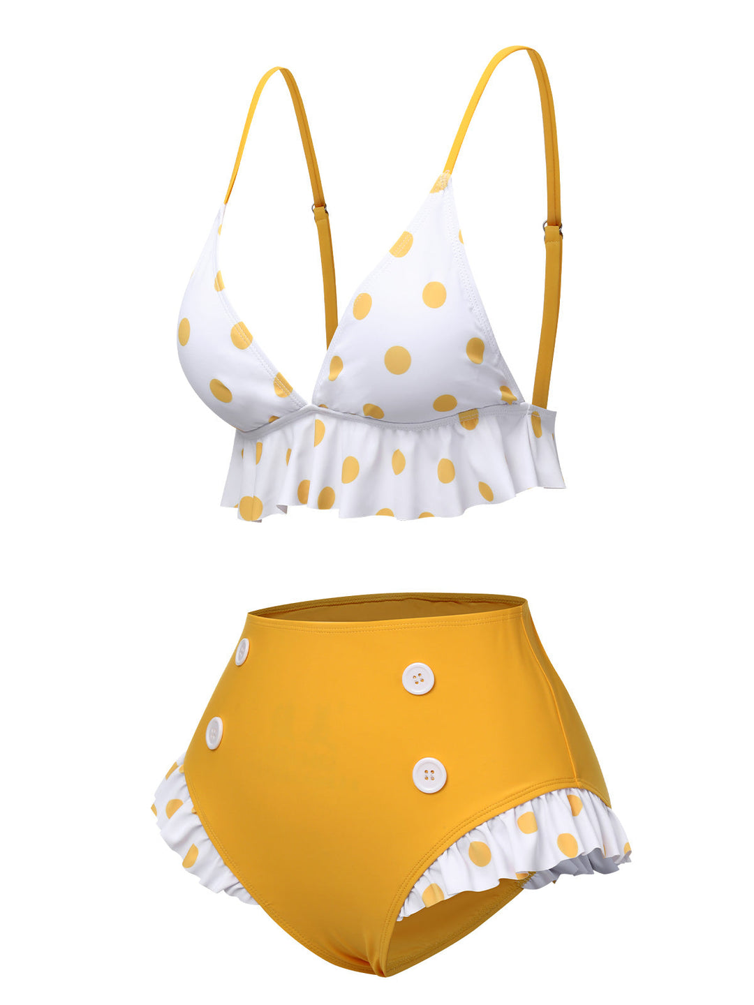 Yellow 1940s Polka Dot Ruffle Swimsuit, vintage swimsuit, pin-up swimwear - perfect for women who love vintage and retro fashion