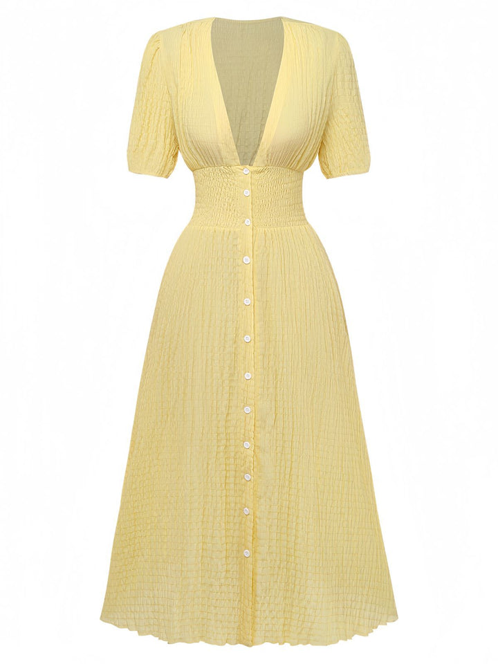 Yellow 1940s Puff Sleeve Button-Down Midi Dress - vintage dress, retro fashion