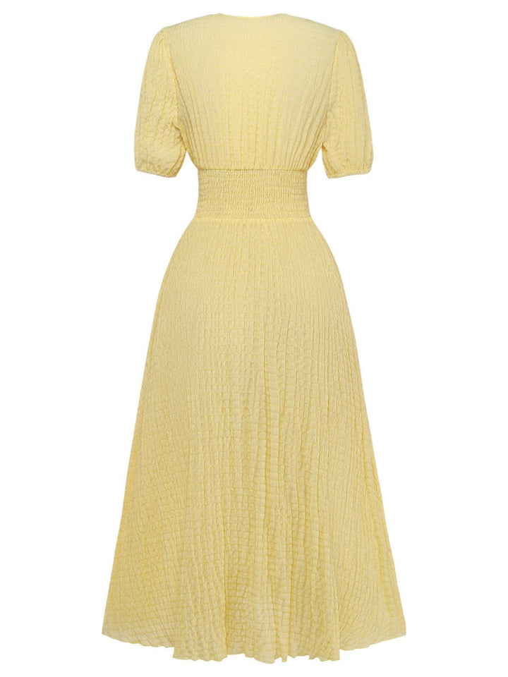 Yellow 1940s Puff Sleeve Button-Down Midi Dress - vintage dress, retro fashion