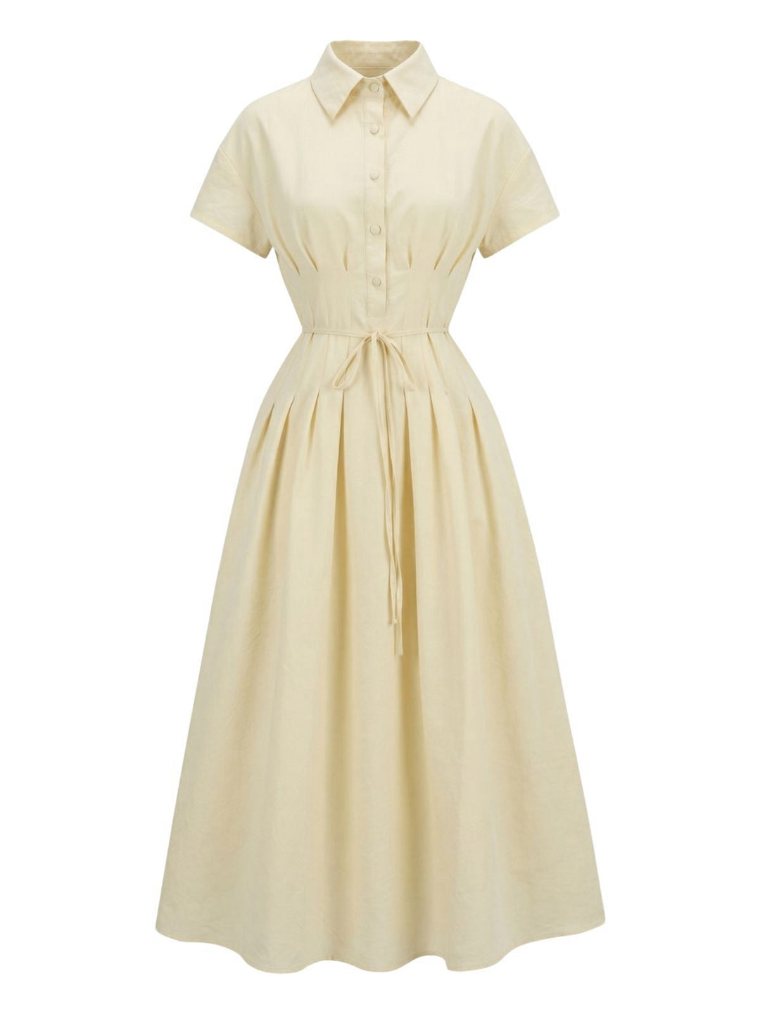 Yellow 1940s Waist-Tie Button Shirt Collar Dress - vintage dress, retro fashion