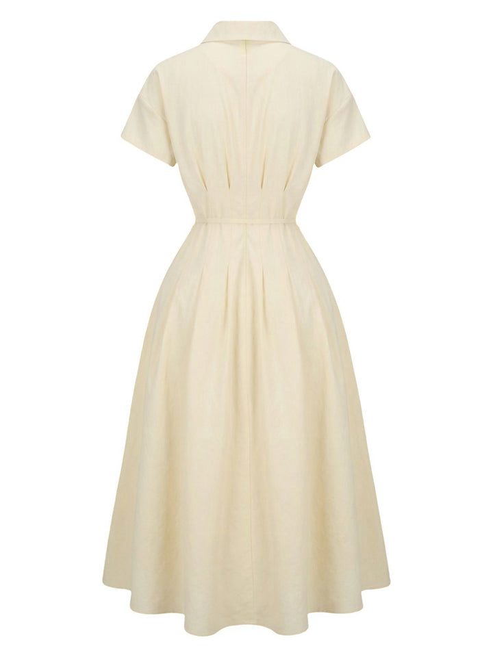 Yellow 1940s Waist-Tie Button Shirt Collar Dress - vintage dress, retro fashion