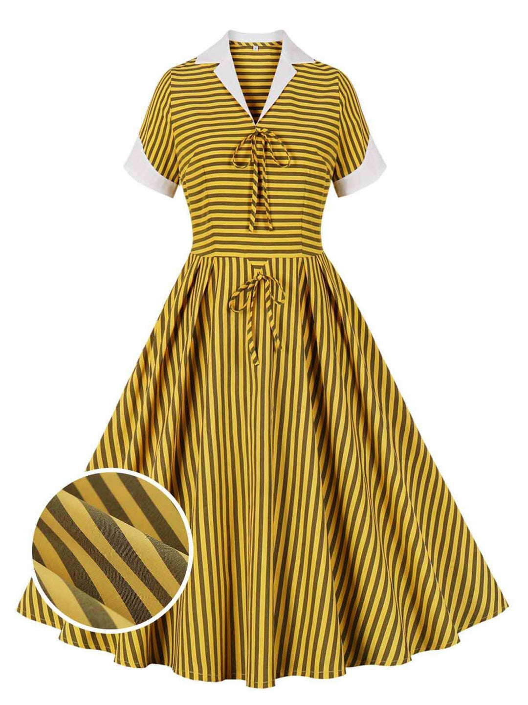 She slips into this Yellow 1950s Bow Striped Swing Dress and suddenly it&