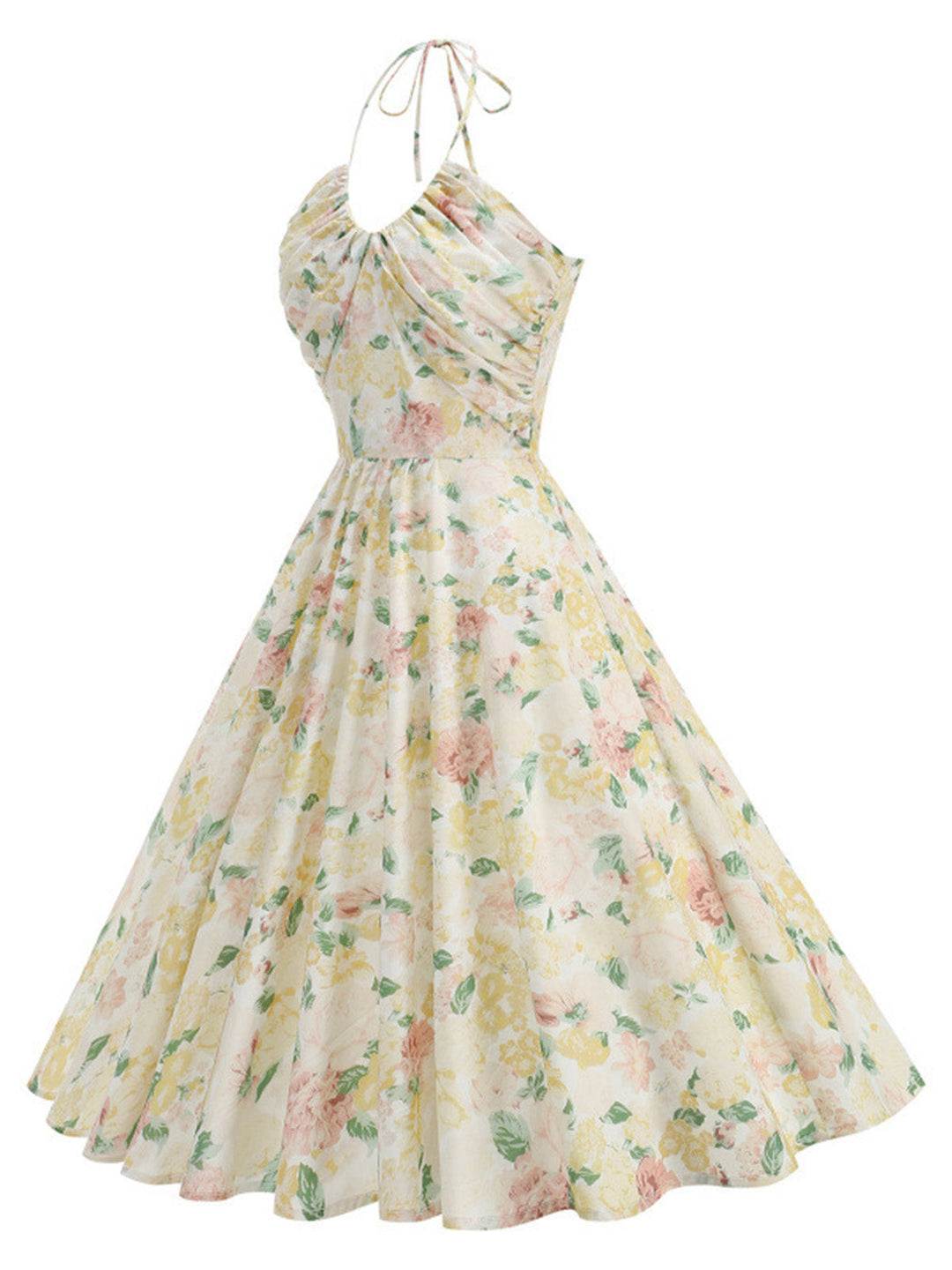 [Pre-Sale] Yellow 1950s Cotton Halter Floral Print Dress, vintage dress, retro fashion, rockabilly, pin-up fashion - perfect for women who love vintage and retro fashion