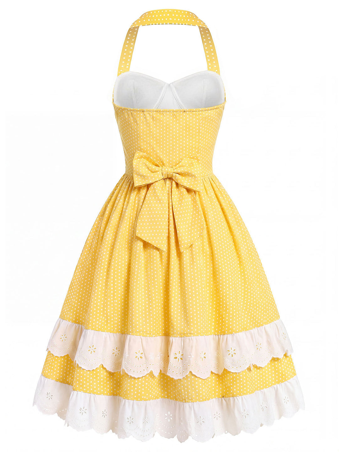 [Pre-Sale] Yellow 1950s Cotton Halter Polka Dot Bow Tiered Dress, vintage dress, retro fashion, rockabilly, pin-up fashion - perfect for women who love vintage and retro fashion
