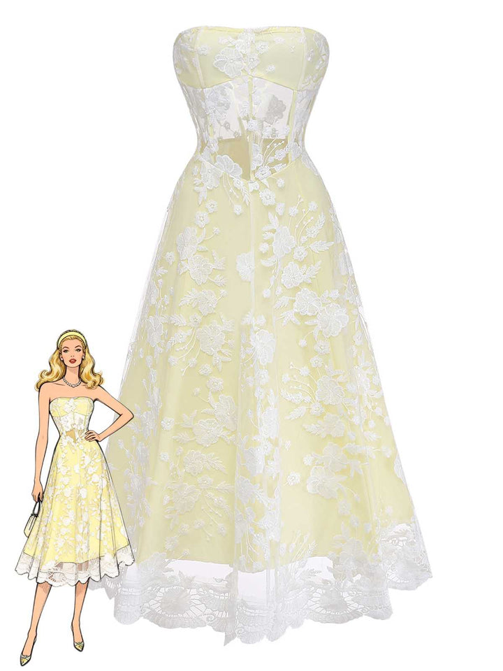 Yellow 1950s Floral Embroidery Lace Sheer Strapless Dress - vintage dress, retro fashion, elegant style for vintage lovers