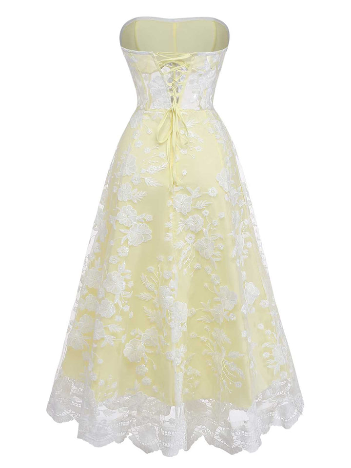 Yellow 1950s Floral Embroidery Lace Sheer Strapless Dress | vintage dress, retro fashion, elegant style - perfect for retro fashion enthusiasts