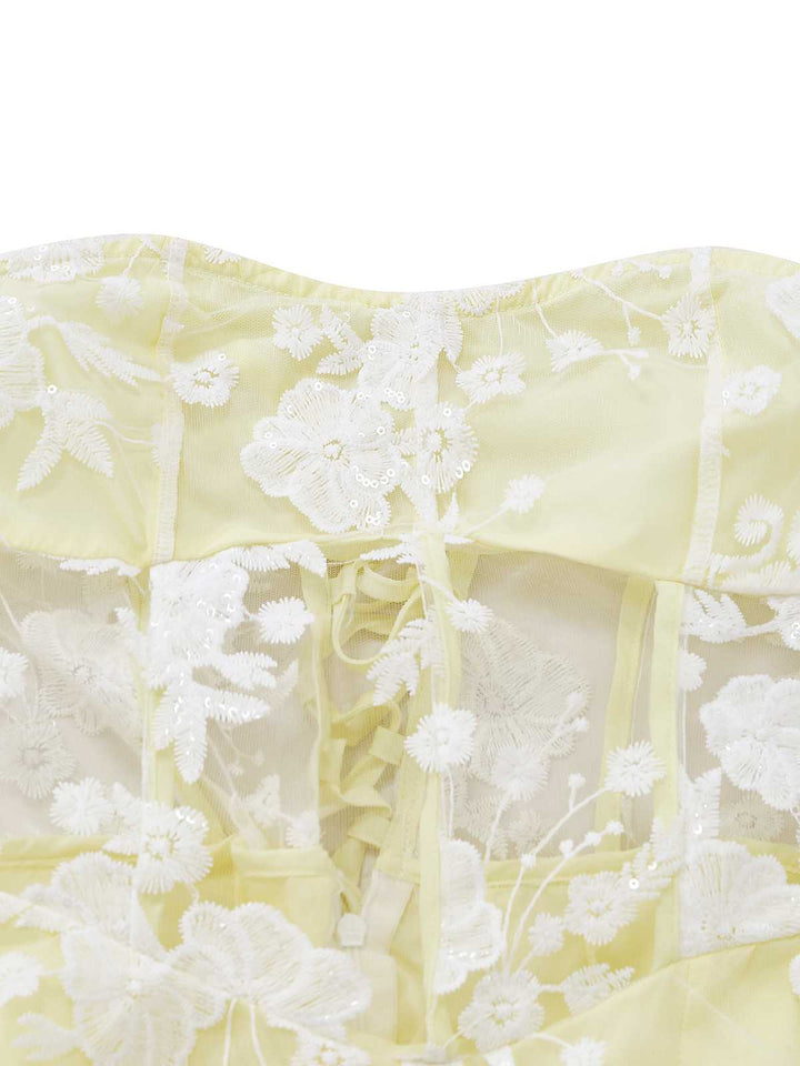 Yellow 1950s Floral Embroidery Lace Sheer Strapless Dress - vintage dress, retro fashion, elegant style for vintage lovers