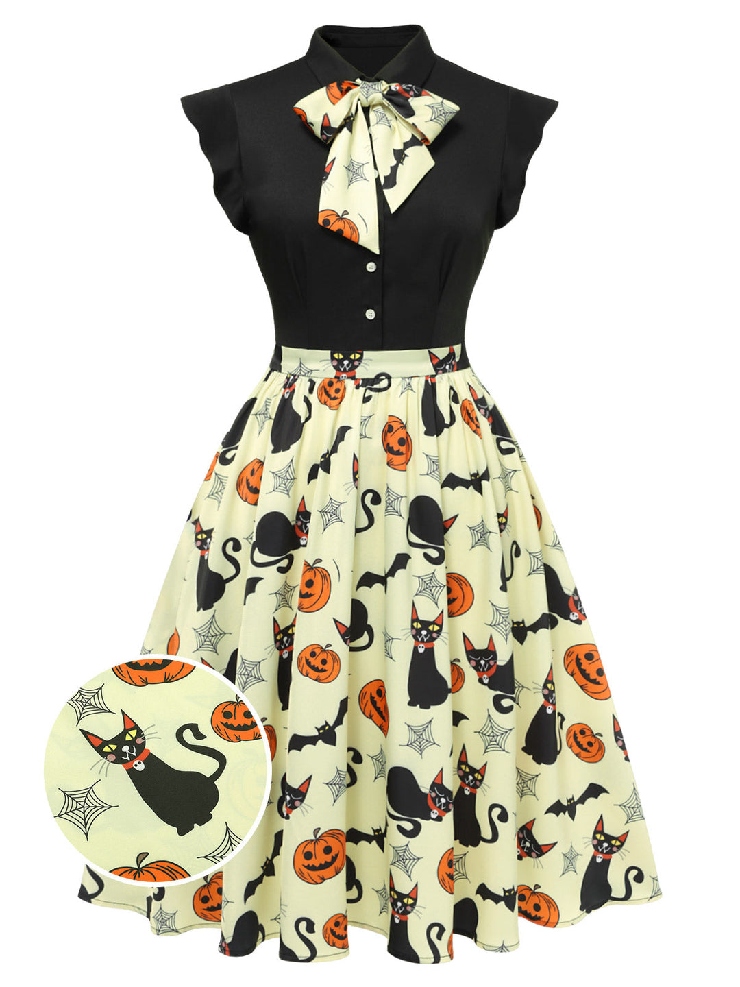 Yellow 1950s Halloween Bow Lapel Dress, vintage dress, retro fashion, rockabilly, pin-up fashion - perfect for women who love vintage and retro fashion