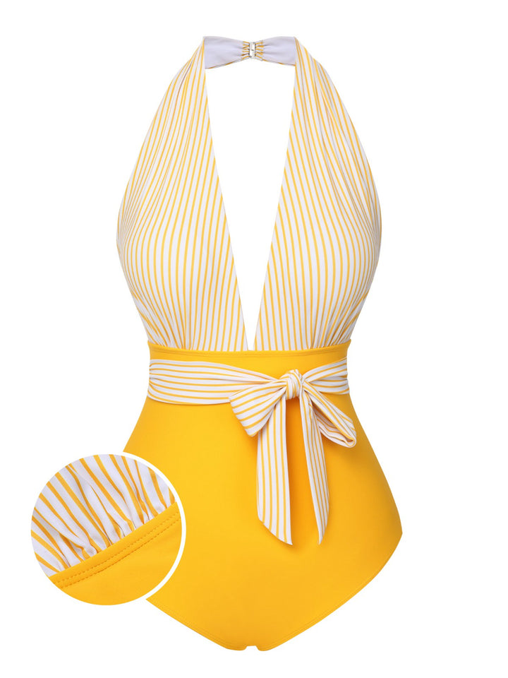 Yellow 1950s Halter Striped Patchwork Swimsuit, vintage swimsuit, pin-up swimwear - perfect for women who love vintage and retro fashion