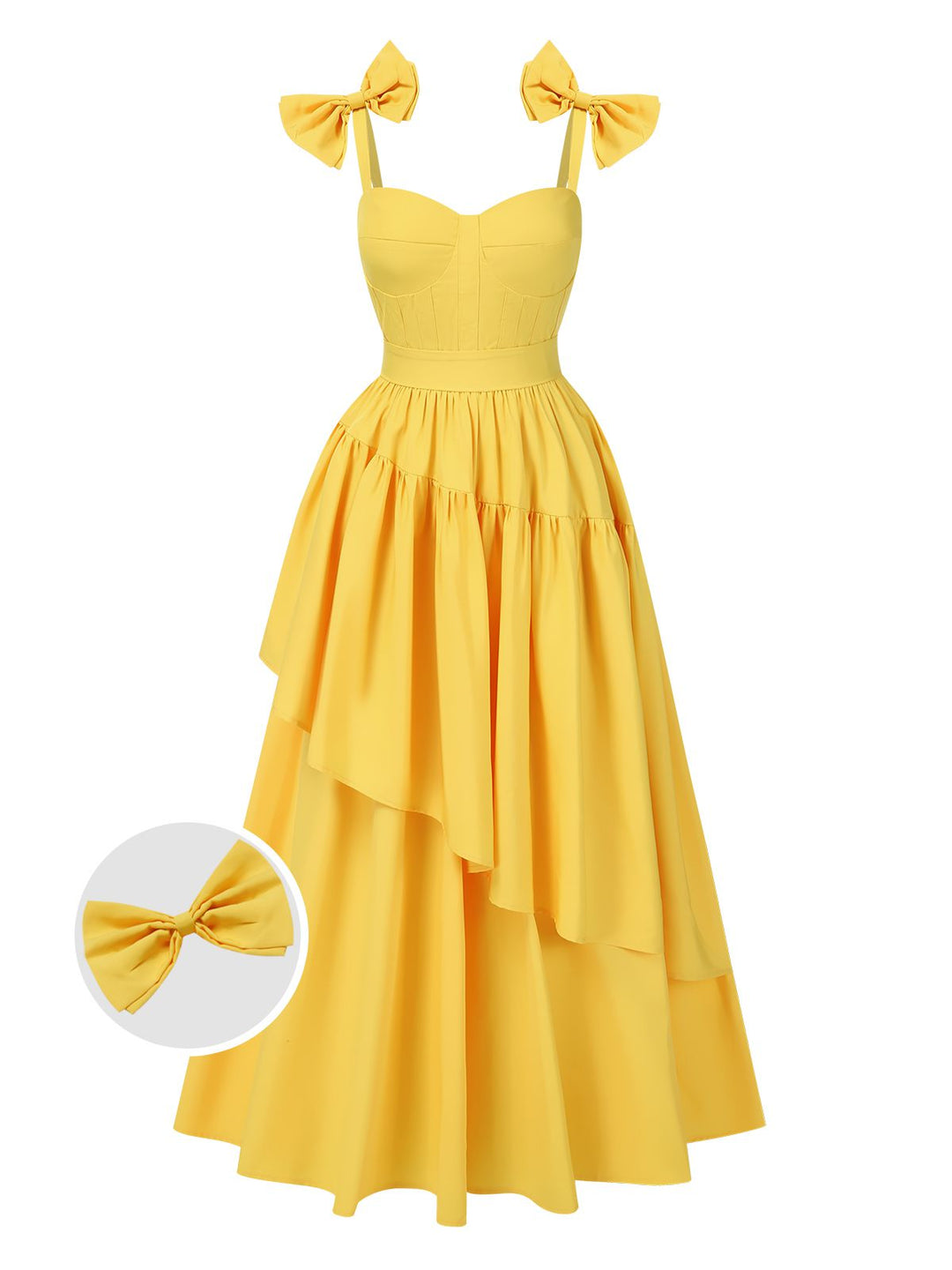 She slips into this Yellow 1950s Heart Neck Bow-Strap Tiered Dress and suddenly it&