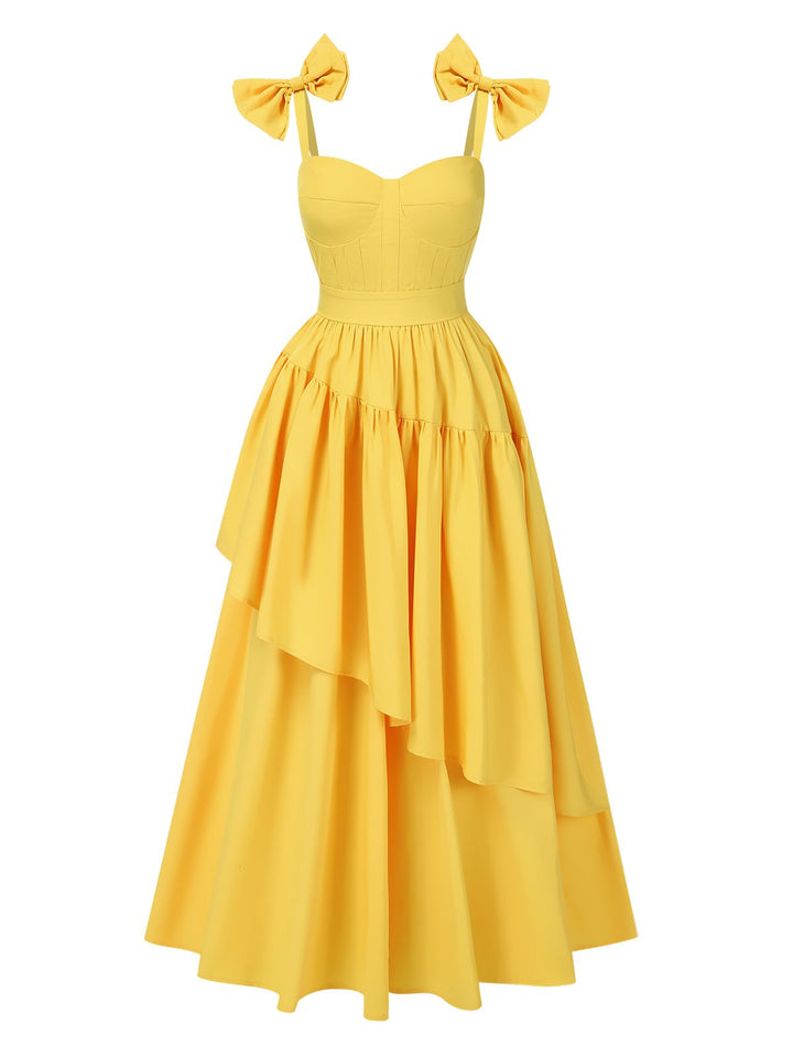 Yellow 1950s Heart Neck Bow-Strap Tiered Dress: where 1950s romance meets her modern spirit