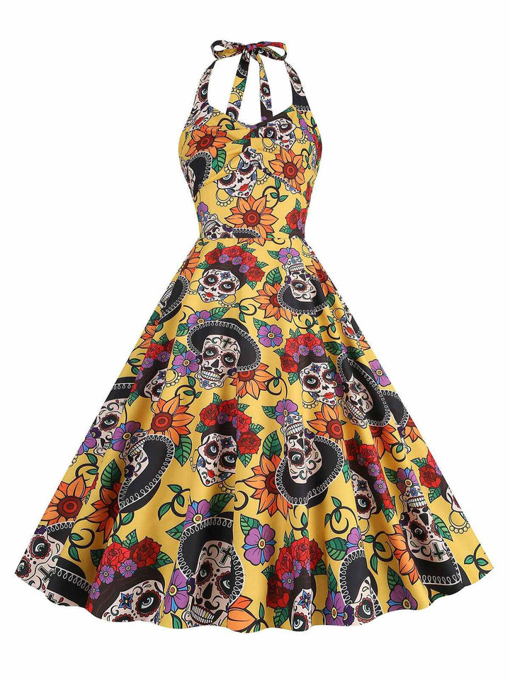 She slips into this Yellow 1950s Hippie Skull Bow Halter Swing Dress and suddenly it&