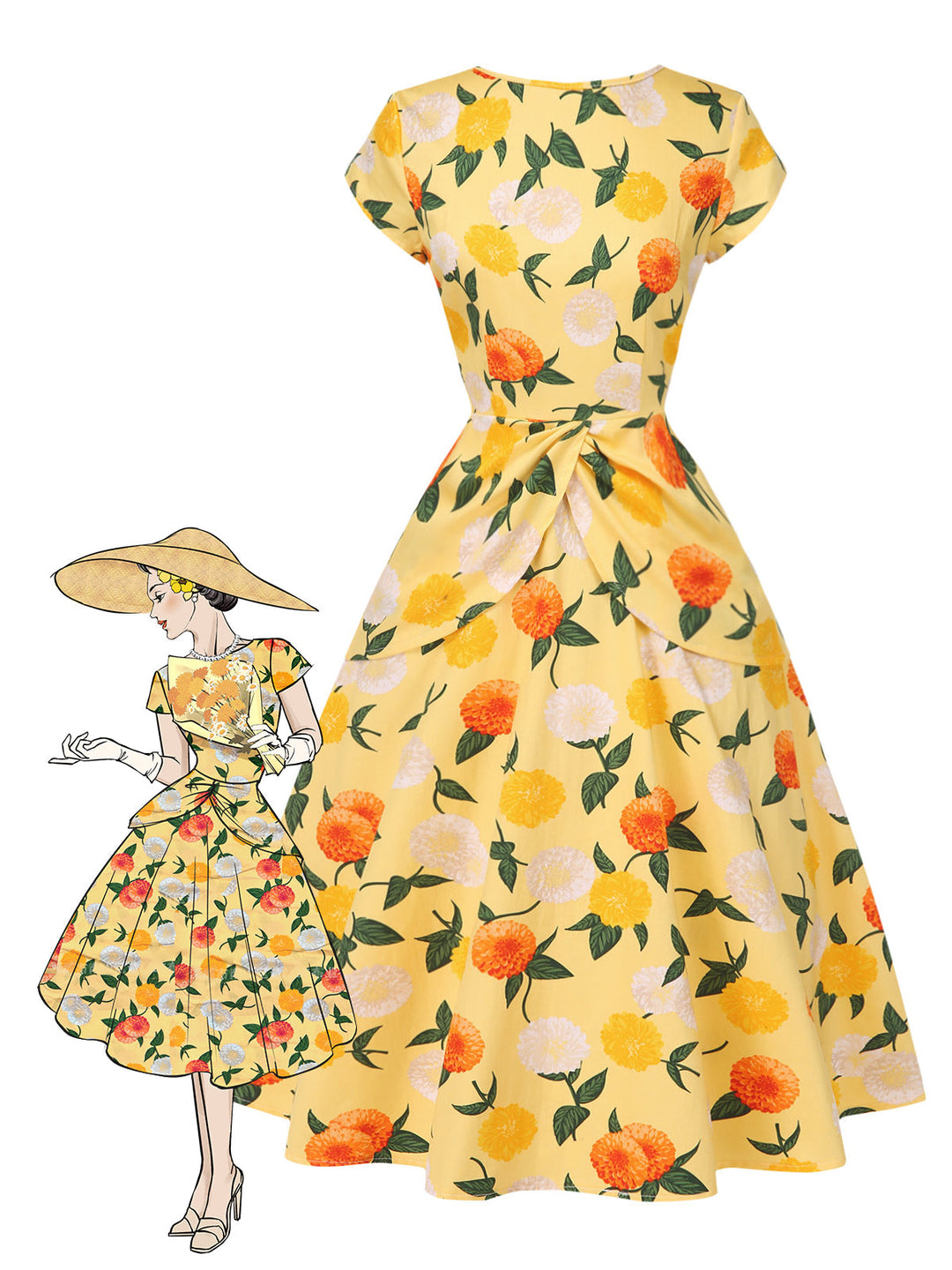 She slips into this Yellow 1950s Hydrangea Floral Ruched Dress and suddenly it&