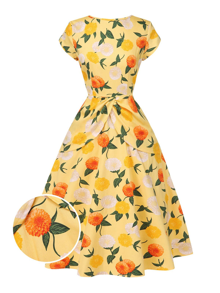 Yellow 1950s Hydrangea Floral Ruched Dress: where 1950s romance meets her modern spirit