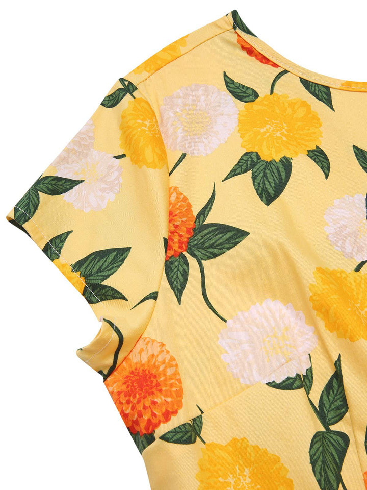 She slips into this Yellow 1950s Hydrangea Floral Ruched Dress and suddenly it&