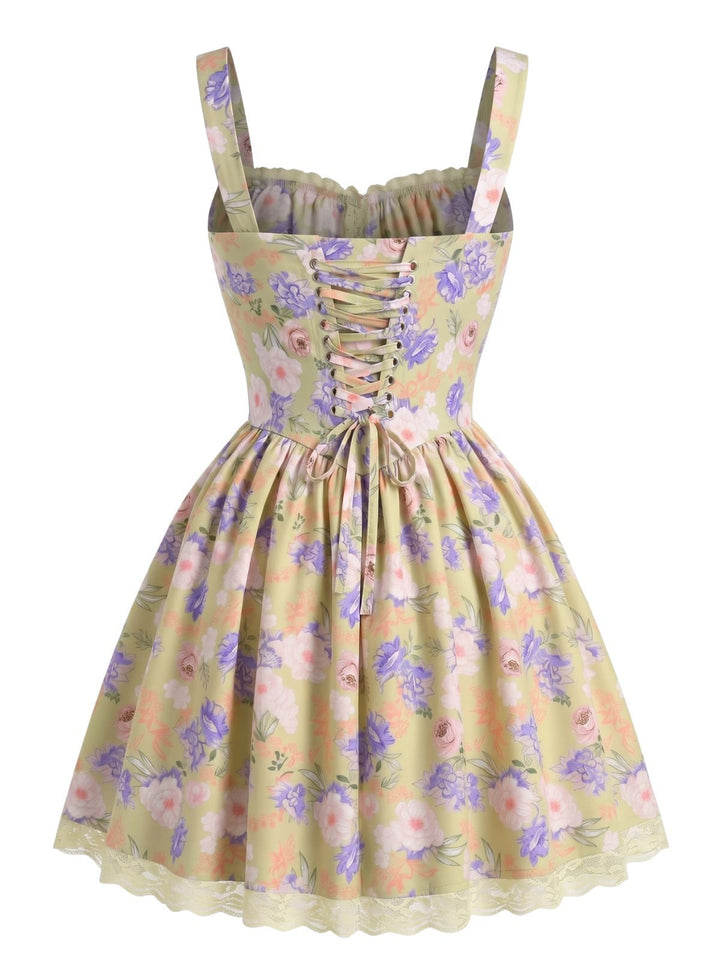 Yellow 1950s Lace Floral Patchwork Mini Dress, vintage dress, retro fashion, rockabilly, pin-up fashion - perfect for women who love vintage and retro fashion