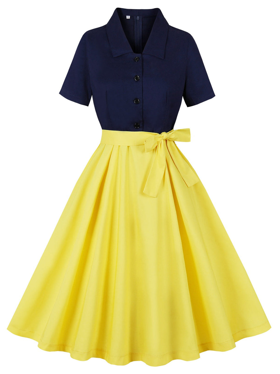 She slips into this Yellow 1950s Patchwork Shirt Collar Swing Dress and suddenly it&