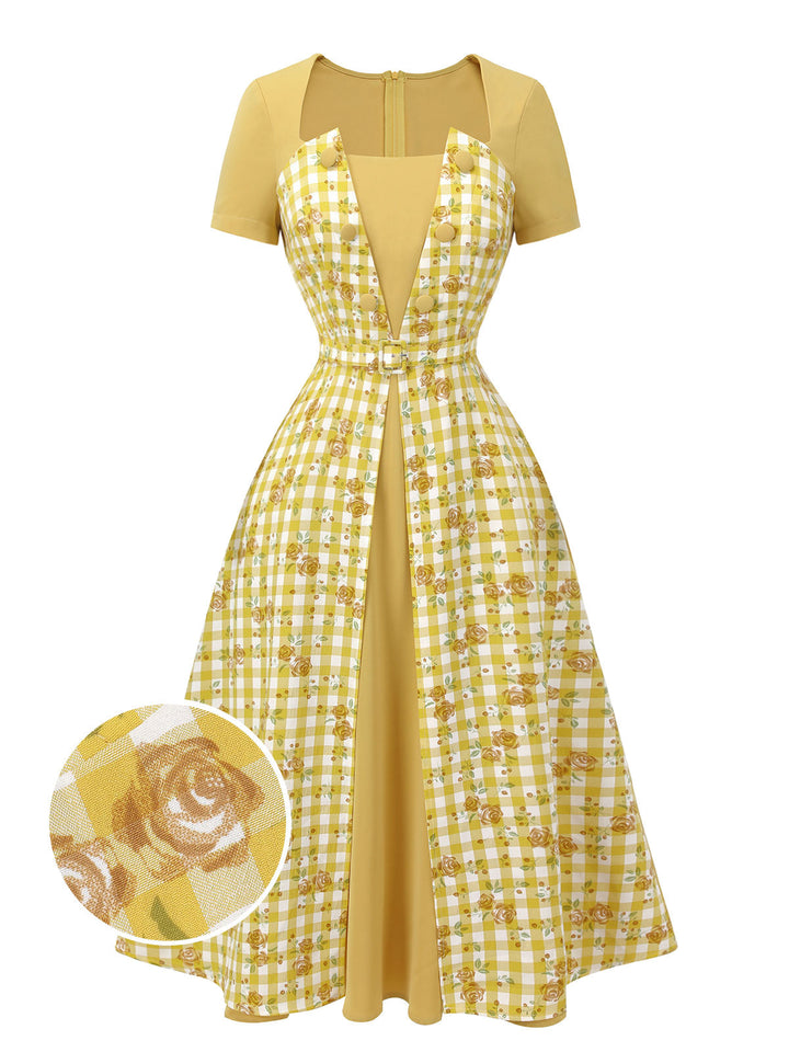 Yellow 1950s Plaid Rose Panel Raglan Dress, vintage dress, retro fashion, rockabilly, pin-up fashion - perfect for women who love vintage and retro fashion