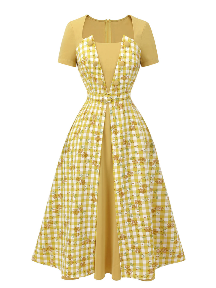 Yellow 1950s Plaid Rose Panel Raglan Dress, vintage dress, retro fashion, rockabilly, pin-up fashion - perfect for women who love vintage and retro fashion