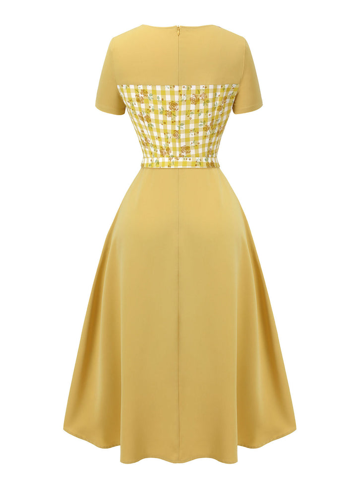 Yellow 1950s Plaid Rose Panel Raglan Dress, vintage dress, retro fashion, rockabilly, pin-up fashion - perfect for women who love vintage and retro fashion