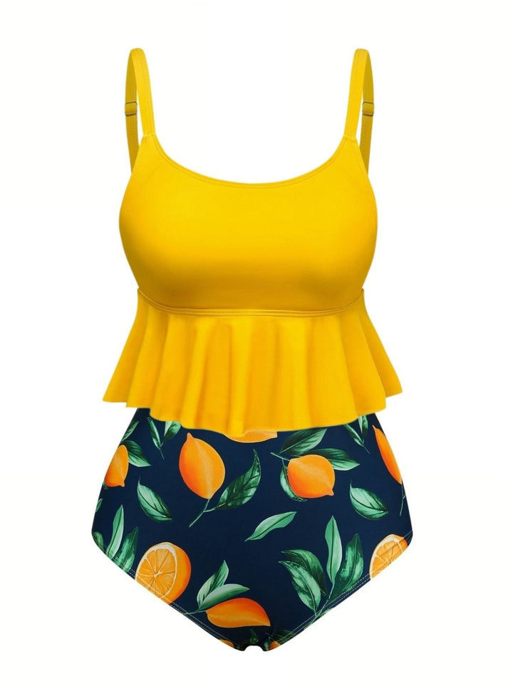 Yellow Ruffle Lemon Print Tankini Set - vintage fashion, retro style