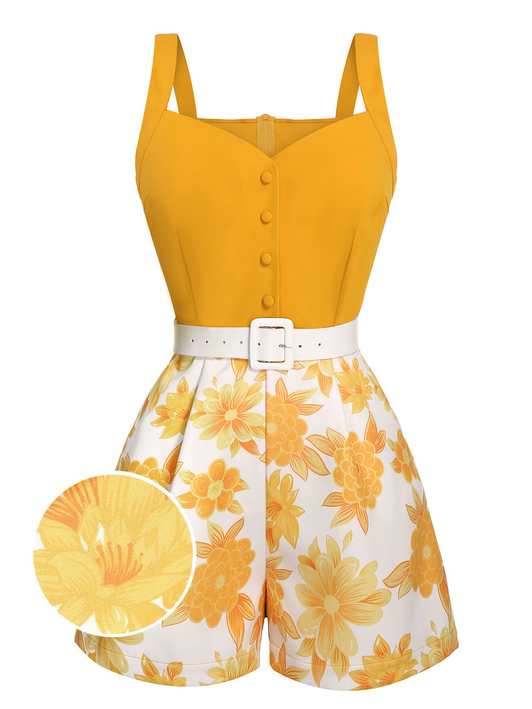 Yellow 1950s Spaghetti Strap Floral Romper, vintage romper, retro jumpsuit - perfect for women who love vintage and retro fashion