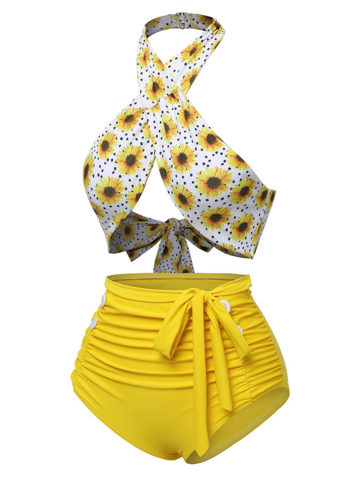 Yellow 1950s Sunflower Cross Halter Swimsuit, vintage swimsuit, pin-up swimwear - perfect for women who love vintage and retro fashion