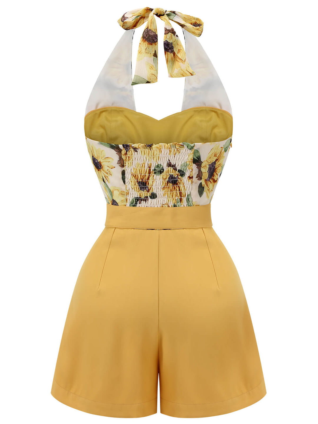 Close-up: 1950s Yellow 1950s Sunflower Halter Romper, perfect for vintage themed parties and retro fashion enthusiasts