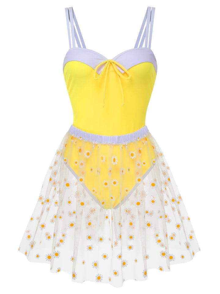 Yellow 1950s Suspender Swimsuit &amp; Daisy Cover-Up, vintage swimsuit, pin-up swimwear - perfect for women who love vintage and retro fashion