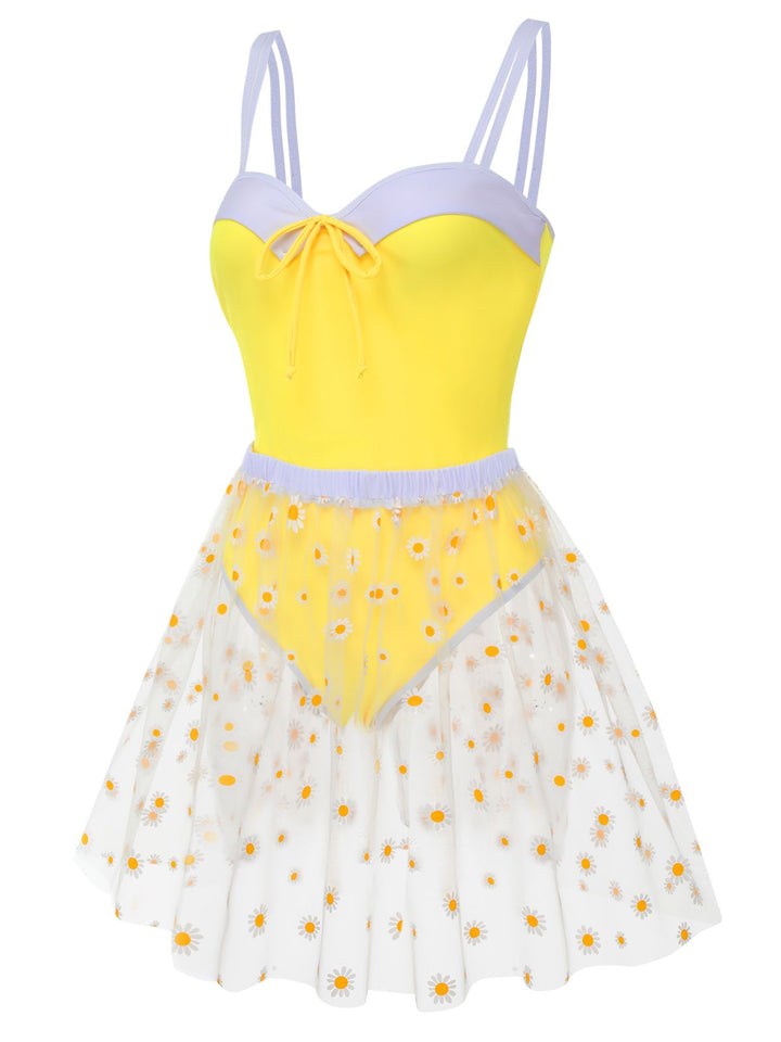 Yellow 1950s Suspender Swimsuit &amp; Daisy Cover-Up, vintage swimsuit, pin-up swimwear - perfect for women who love vintage and retro fashion