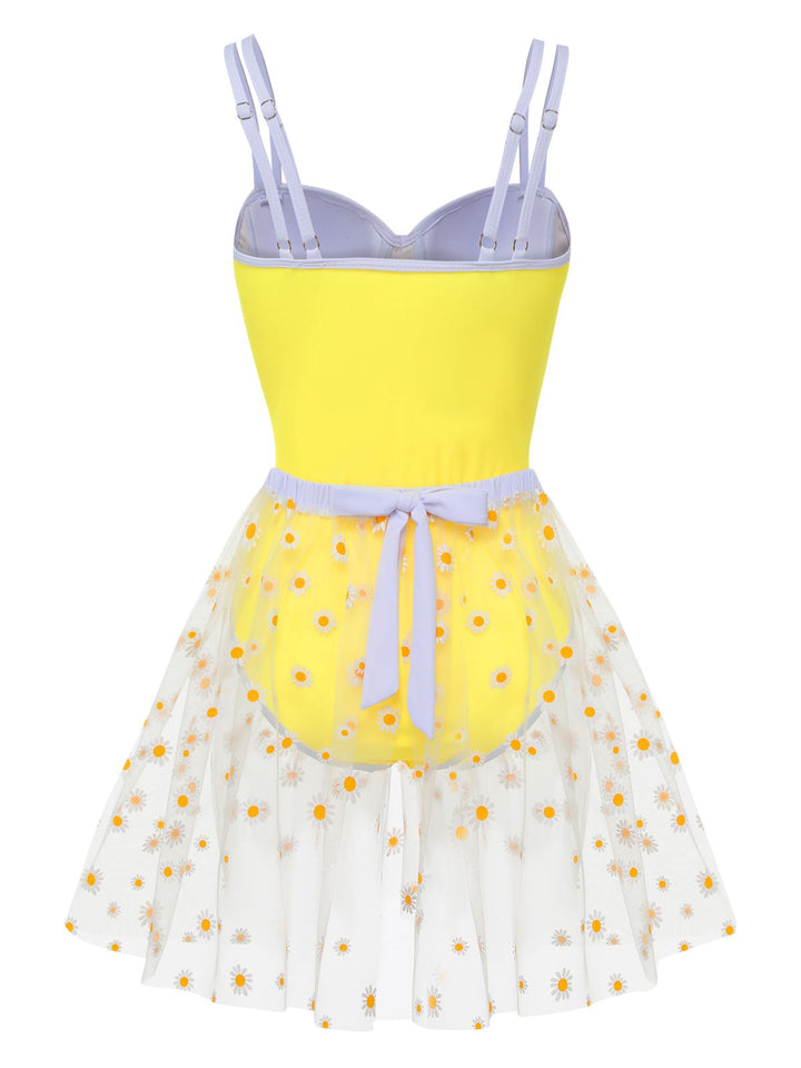 Yellow 1950s Suspender Swimsuit &amp; Daisy Cover-Up, vintage swimsuit, pin-up swimwear - perfect for women who love vintage and retro fashion