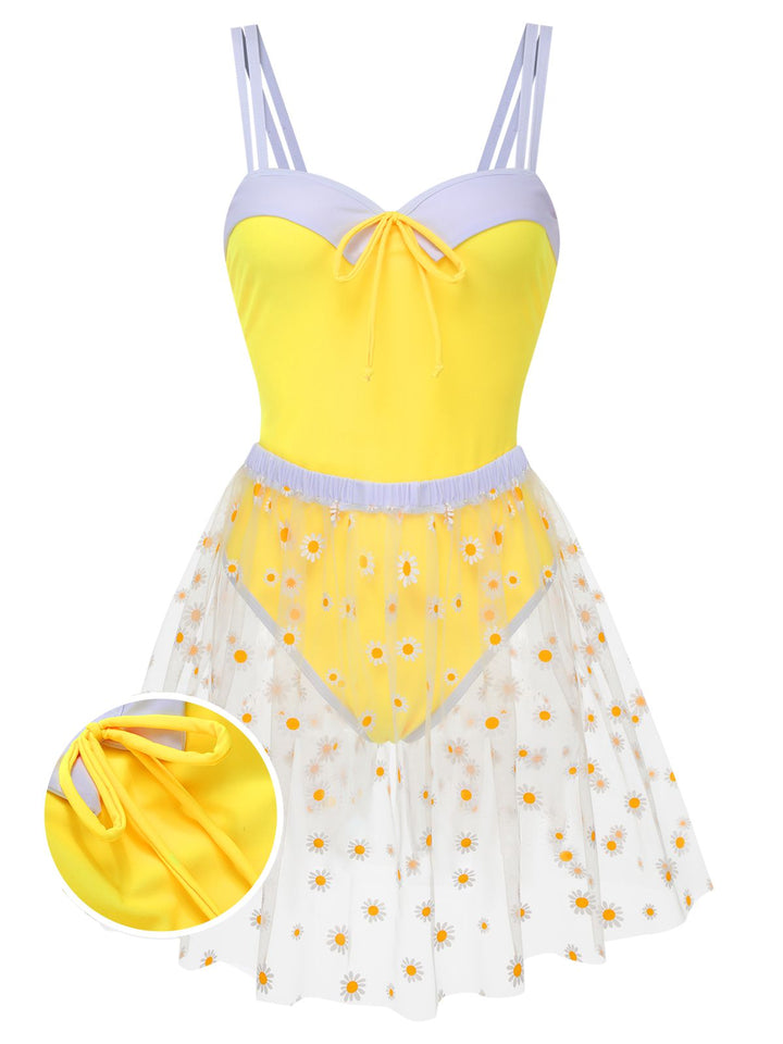 Yellow 1950s Suspender Swimsuit &amp; Daisy Cover-Up, vintage swimsuit, pin-up swimwear - perfect for women who love vintage and retro fashion
