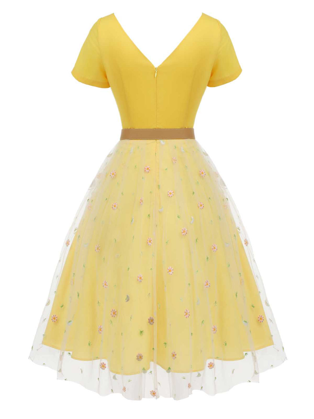 Yellow 1950s V-Neck Daisy Mesh Dress, vintage dress, retro fashion, rockabilly, pin-up fashion - perfect for women who love vintage and retro fashion