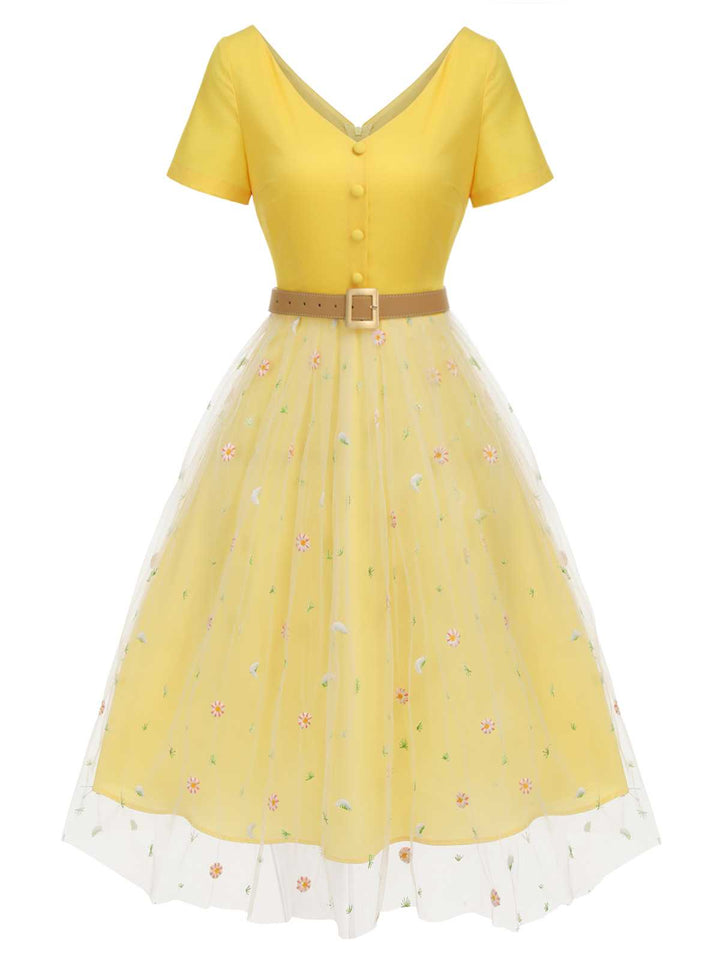 Yellow 1950s V-Neck Daisy Mesh Dress, vintage dress, retro fashion, rockabilly, pin-up fashion - perfect for women who love vintage and retro fashion