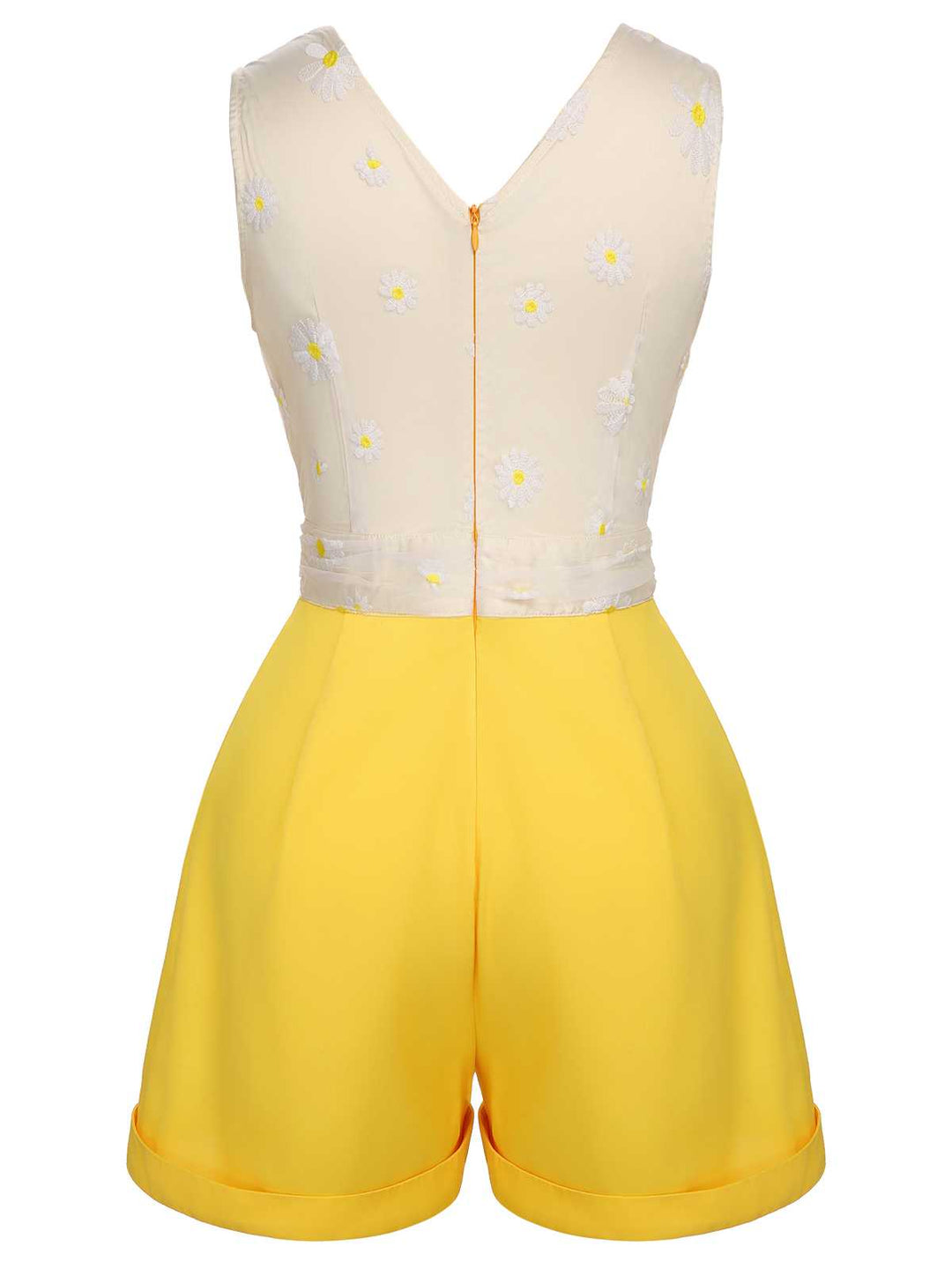 Yellow 1950s V-Neck Daisy Mesh Romper — 1950s style that transcends decades