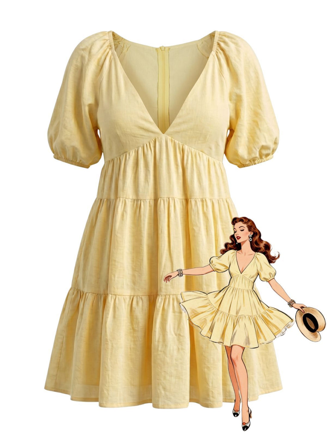 Yellow V-Neck Puff Sleeves Babydoll Dress, vintage dress, retro fashion, rockabilly, pin-up fashion - perfect for women who love vintage and retro fashion