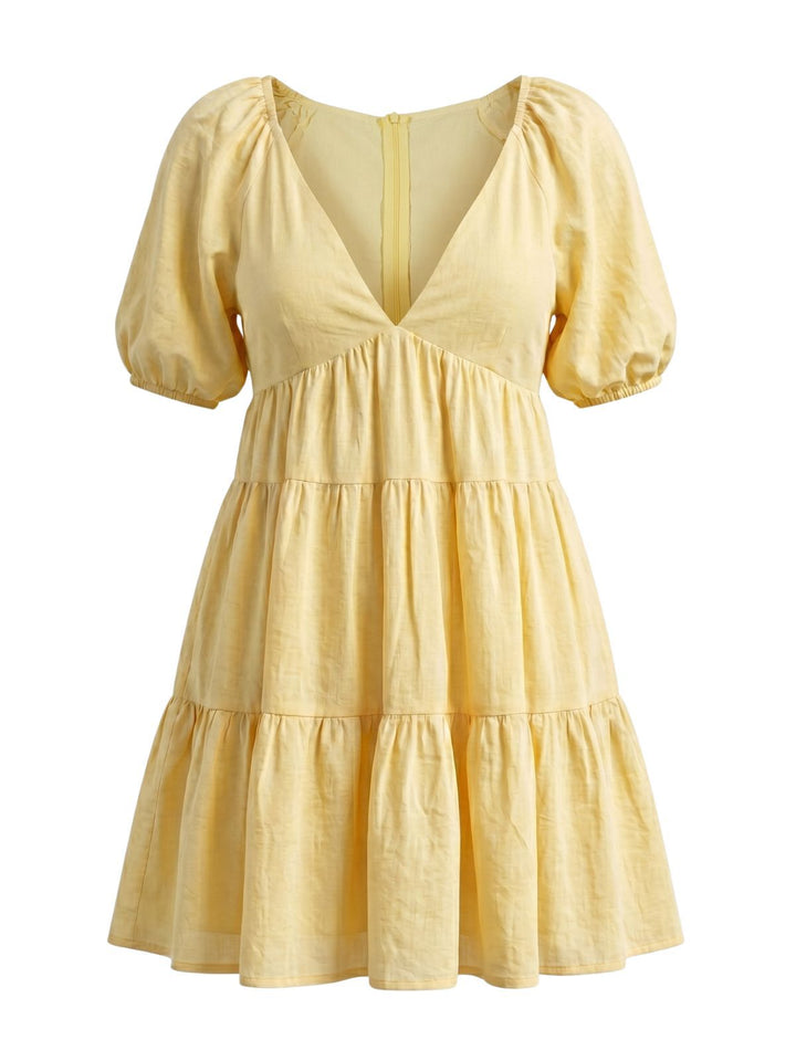 Yellow 1950s V-Neck Puff Sleeves Babydoll Dress, vintage dress, retro fashion, rockabilly, pin-up fashion - perfect for women who love vintage and retro fashion