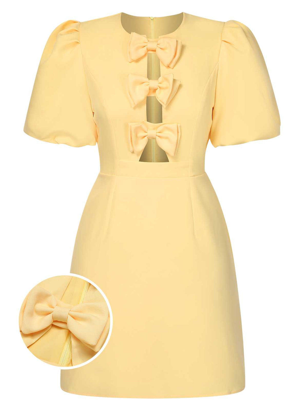 She slips into this Yellow 1960s Bow Puff Sleeve Solid Dress and suddenly it&