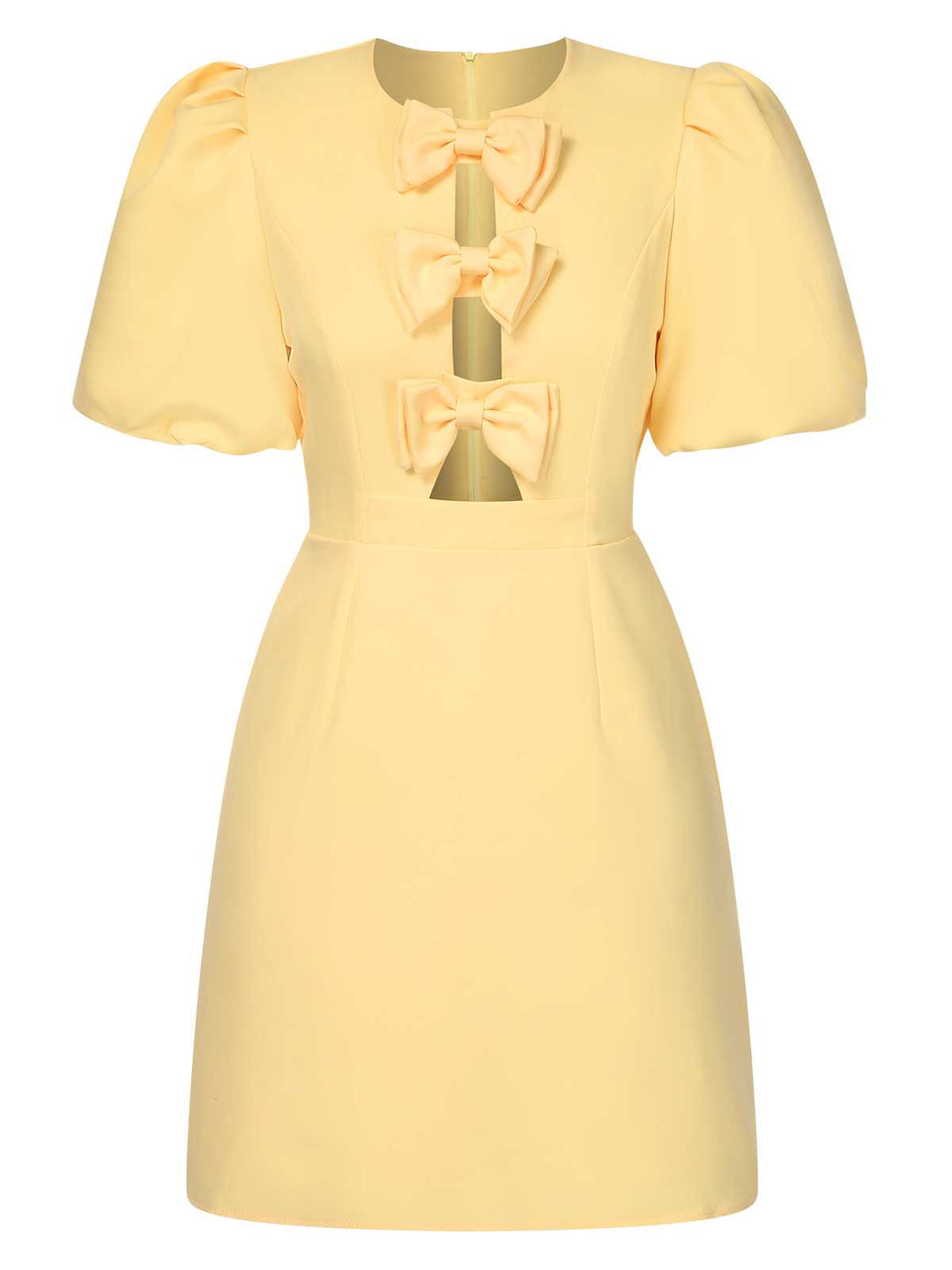 Yellow 1960s Bow Puff Sleeve Solid Dress: where 1960s romance meets her modern spirit