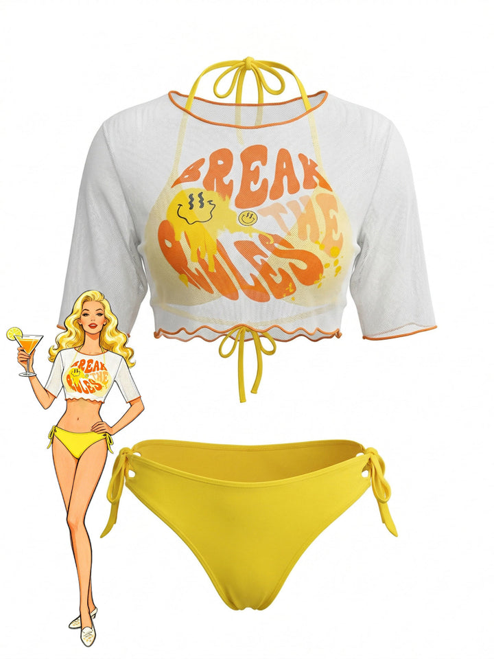 Yellow--Halter-Triangle-Bikini-Set-Sheer-Cover-Up, vintage, retro, swimwear