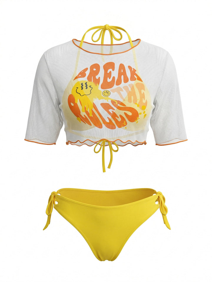 Yellow--Halter-Triangle-Bikini-Set-Sheer-Cover-Up, vintage, retro, swimwear