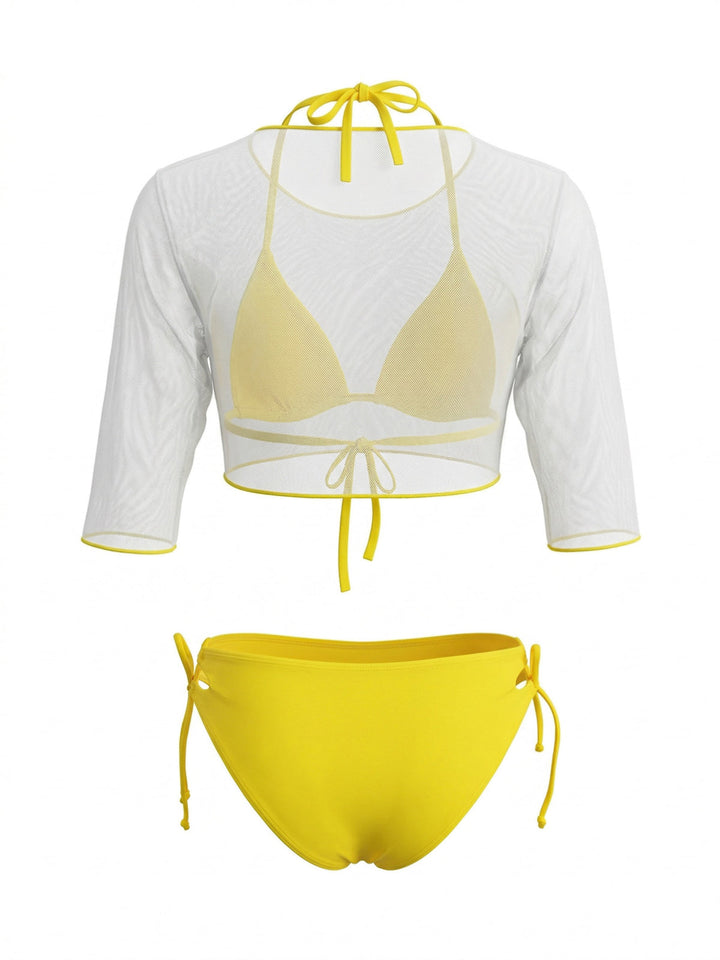 Yellow--Halter-Triangle-Bikini-Set-Sheer-Cover-Up, vintage, retro, swimwear